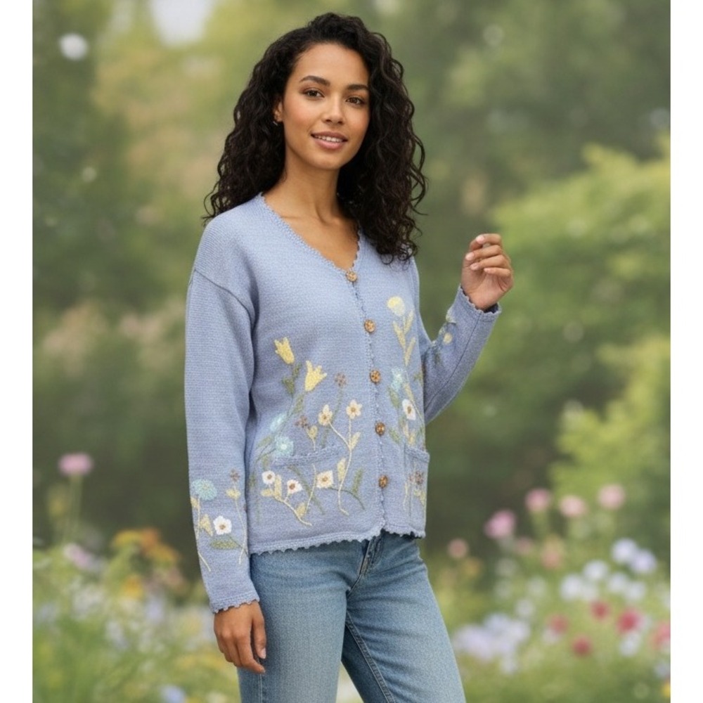 Kindred Spirit Sweater Cardigan Women's S Purple Floral Embroidered Pockets NWOT